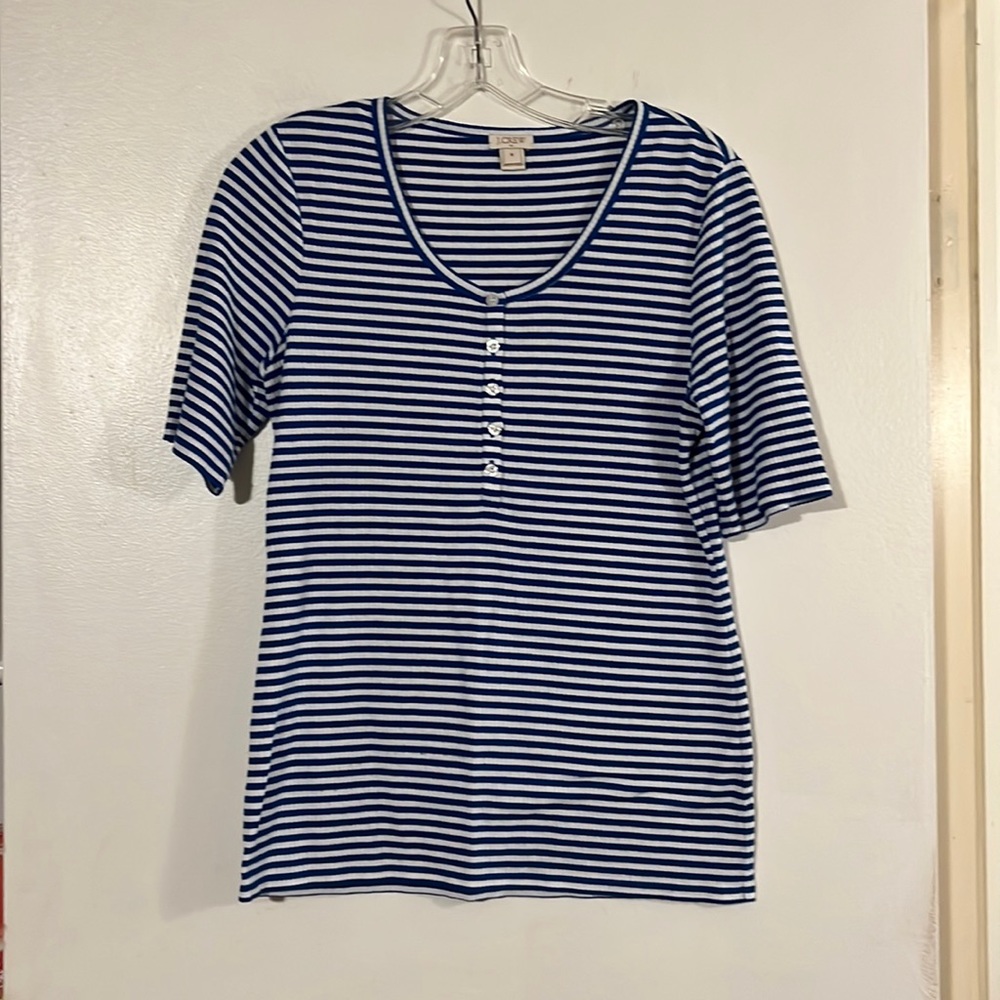 J. Crew blue/white short sleeve round neck with Henley button detail